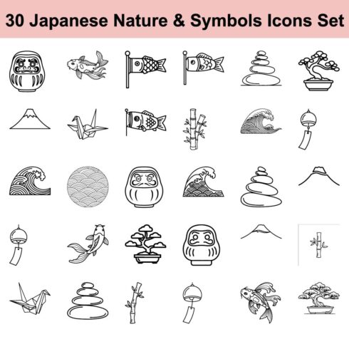 Collection of Japanese Nature and Symbols Icons Set Representing Daruma Doll, Fish, Koinobori Flag, Zen Stones, Wave, Wind Chime, Bonsai Tree, and Origami Crane cover image.