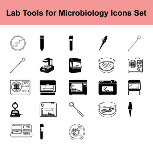 Lab Tools for Microbiology Icons Set with Pipette Petri Dish and Microscope for Science Laboratory Research and Scientific Equipment in Black and White Style cover image.