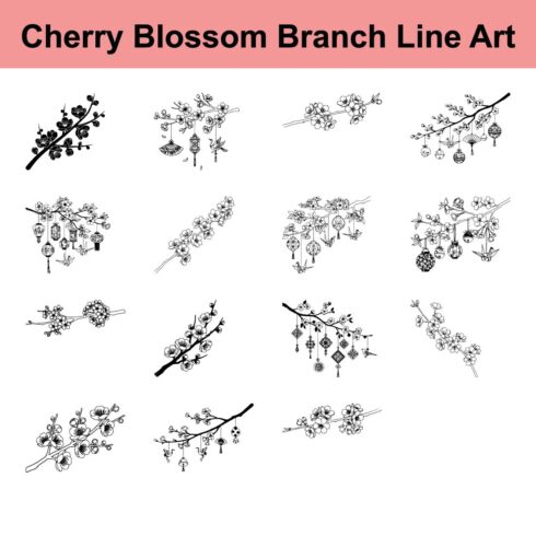Cherry Blossom Branch Line Art for Spring Season Celebration and Floral Design in Asian Style Decorative Elements cover image.