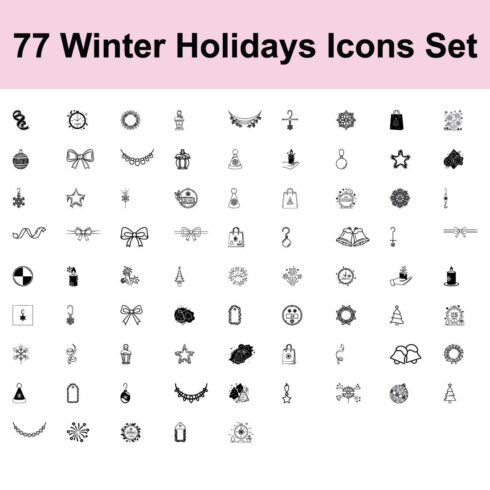 Collection of 77 winter holiday icons featuring festive decorations, countdown timers, gift bags, snowflakes, candle, bows, lantern and festive pine tree isolated on white background cover image.