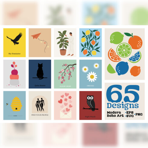 65 Modern Boho Art Illustrations Bundle | Minimalist Aesthetic Vector Designs for Wall Art & Crafts - SVG, EPS, PNG cover image.