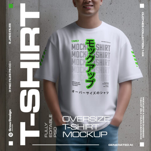 5 Oversized T-Shirt Mockups on Asian Man Urban Series #1 Generated AI cover image.