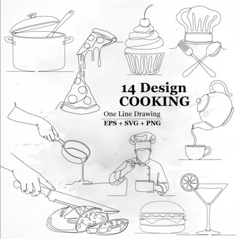 One Line Drawing Cooking Illustrations Bundle - Minimalist Food Art Vector for Menu, Bakery, and Restaurant Design cover image.