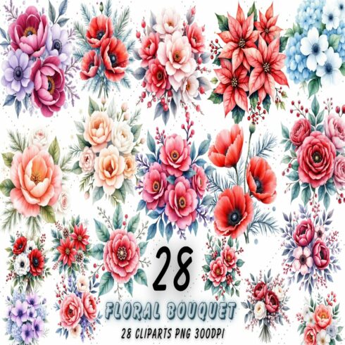 Brightness Winter Floral Bouquet Clipart | Luminous Watercolor PNG Bundle cover image.