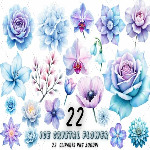 Ice Crystal Flower Watercolor Clipart | Frozen Floral PNG Bundle | Winter Icy Flowers Illustration cover image.