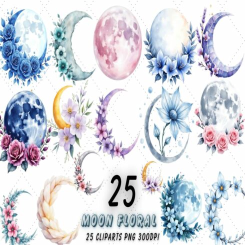 Mystical Winter Moon Floral Clipart | Watercolor Lunar Flowers PNG Bundle cover image.