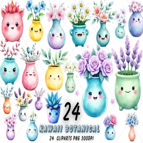 Kawaii Botanical Vase Watercolor Clipart | Cute Pastel Floral Pots PNG | Adorable Winter Flowers | Chibi Vase Illustrations cover image.