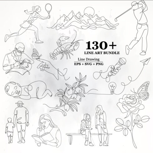 130+ One Line Art Mega Bundle - Minimalist Sports, Medical & Nature Line Drawings, Continuous Line SVG for T-shirts, Decals & Modern Wall Décor cover image.
