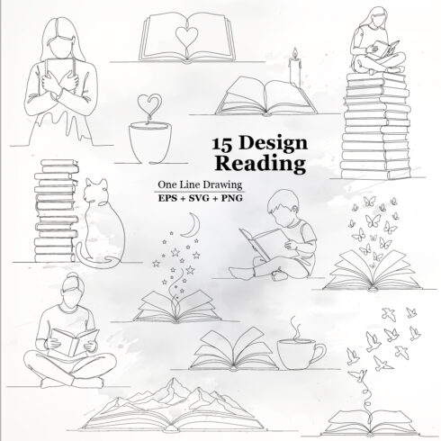 Reading Line Art Bundle - 15 Minimalist One Line Book Illustrations cover image.