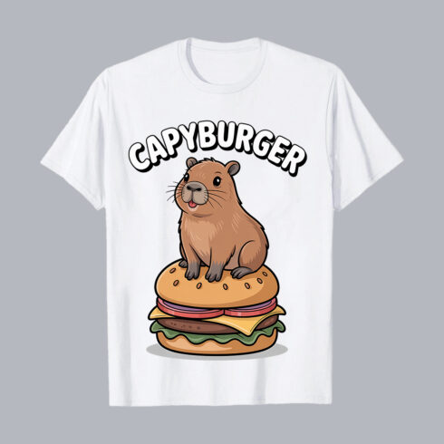 Cute Capybara Sitting On Delicious Burger Cartoon food PNG PSD Food T shirt Design cover image.