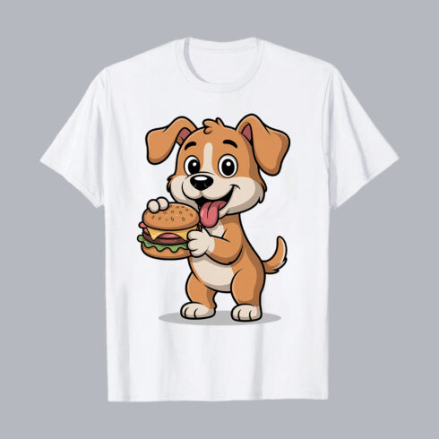 Cute Happy Dog Holding Tasty Burger Cartoon food PNG PSD Food T shirt Design cover image.