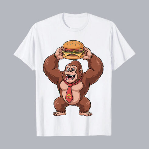 Strong Gorilla Holding Giant Delicious Burger Cartoon food PNG PSD Food T shirt Design cover image.