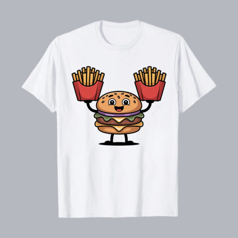 Cute Burger Mascot Holding French Fries Cartoon food PNG PSD Food T shirt Design cover image.