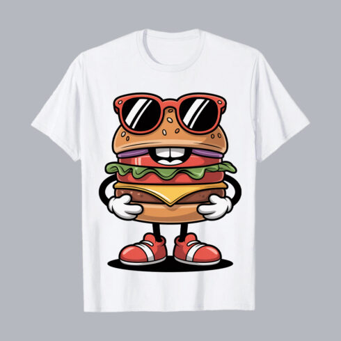 Cool Cartoon Burger Mascot With Sunglasses Style food PNG PSD Food T shirt Design cover image.