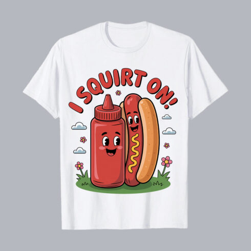Cute Ketchup and Hotdog Funny Cartoon Illustration food PNG PSD Food T shirt Design cover image.