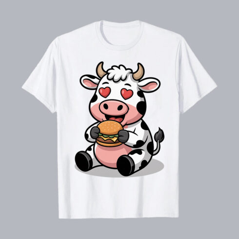 Cute Cow Eating Delicious Burger Cartoon Illustration food PNG PSD Food T shirt Design cover image.