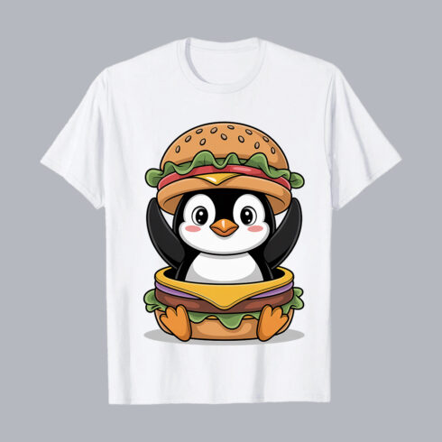 Cute Penguin Sitting Inside Big Tasty Burger food PNG PSD Food T shirt Design cover image.