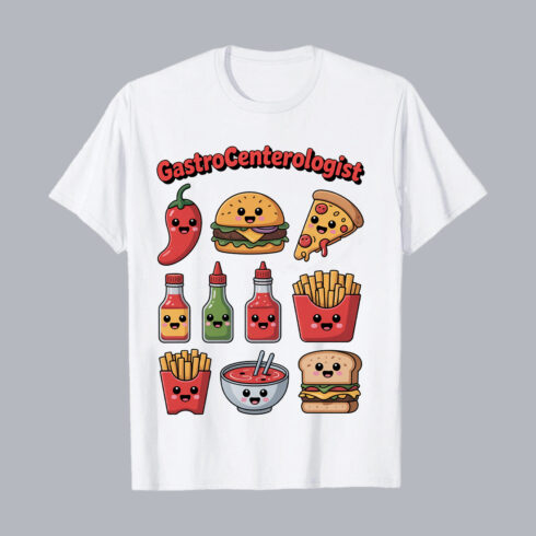 Cute cartoon food items and text Gastroenterologist food PNG PSD Food T shirt Design cover image.