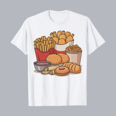Delicious Fast Food Cartoon Snack Combo Illustration food PNG PSD Food T shirt Design cover image.