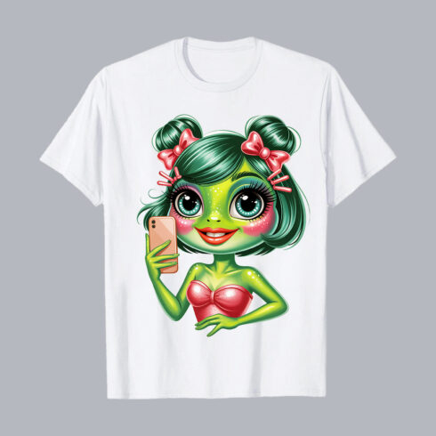 Cute Green Girl Character Cartoon Illustration PNG PSD Love T shirt Design cover image.