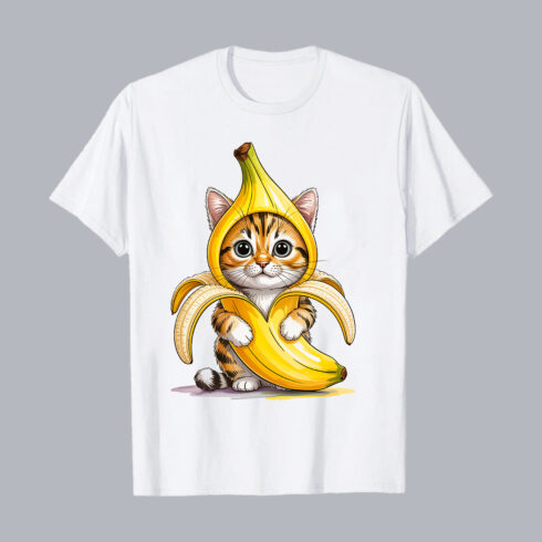 Cute Banana Cat Cartoon Character Illustration PNG PSD Love T shirt Design cover image.
