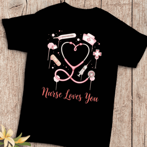 Watercolor Nurse Loves You Stethoscope Heart & Medical Elements T-Shirt Design cover image.