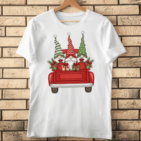 Three Festive Gnomes in Red Truck with Gifts T-Shirt Design cover image.