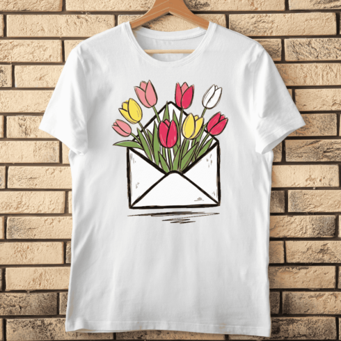 Colorful Tulips in Envelope Sketch T-Shirt Design cover image.