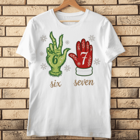 Grinch Hand & Mitten Numbers 6 and 7 Embroidery T-Shirt Design cover image.