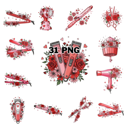 Watercolor Valentine Hairdresser Equipment Sublimation Clipart Bundle cover image.