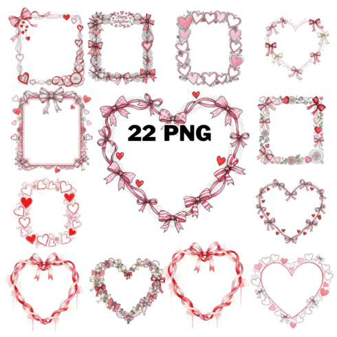 Hand-Drawn Valentine Coquette Heart Frame Sublimation Clipart Bundle cover image.