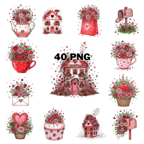 Watercolor Romantic Whimsy Valentine Sublimation Clipart Bundle cover image.