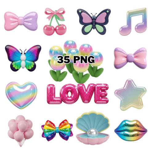 Kawaii Pastel 3D Glossy Icons PNG Set Clipart Bundle cover image.