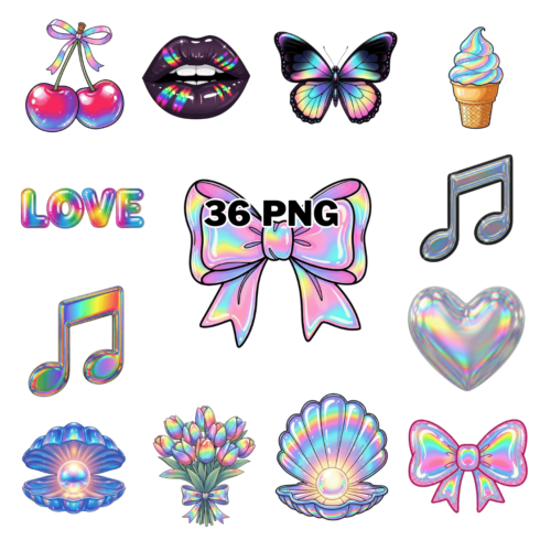 Holographic pastel with shiny iridescent Sublimation Clipart Bundle cover image.