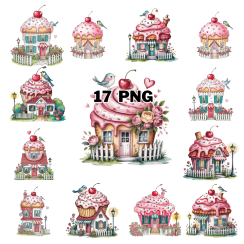 Watercolor Cute Cottage House With a Cupcake Roof Sublimation Clipart Bundle cover image.