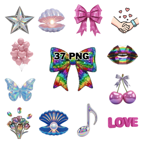 Holographic Chrome 3D Icon Set Vibrant Iridescent Elements Sublimation Clipart Bundle cover image.