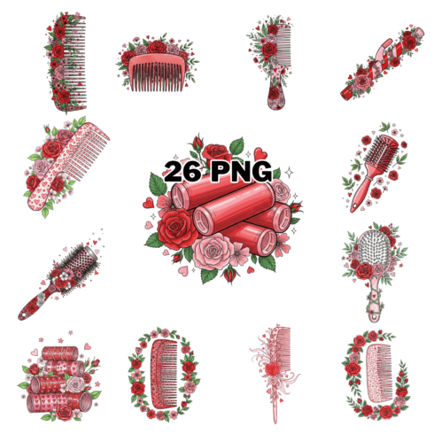 Hand-drawn Valentine Hair Styling Tools Sublimation Clipart Bundle cover image.