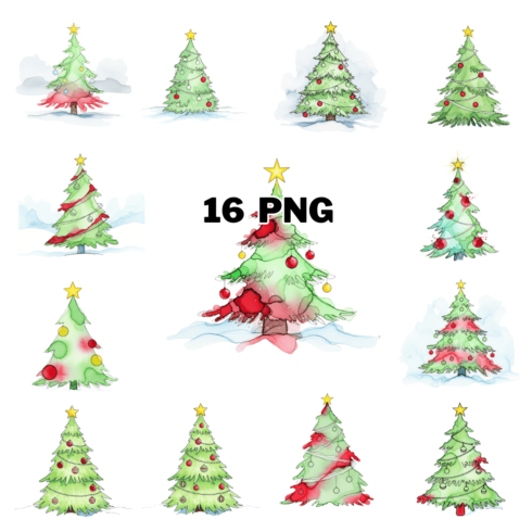 Festive Watercolor Pine Tree with Decorations Sublimation Clipart Bundle cover image.