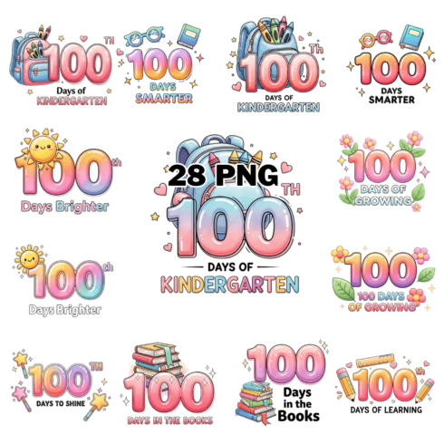 Hand-drawn 100 Days of Kindergarten Sublimation Clipart Bundle cover image.