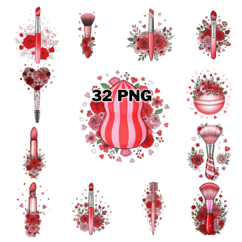 Watercolor Valentine Makeup Tools Sublimation Clipart Bundle cover image.