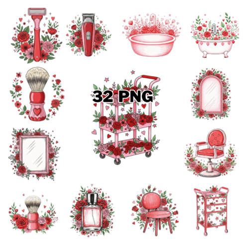 Hand-drawn Valentine Barber Tools Sublimation Clipart Bundle cover image.