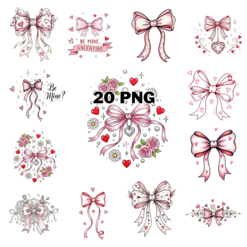Hand-Drawn Valentine Coquette Bow Sublimation Clipart Bundle cover image.
