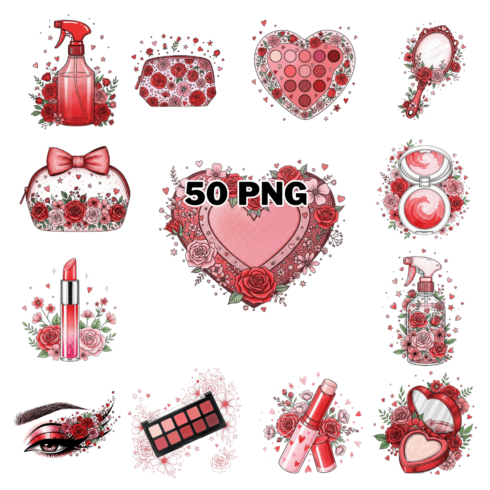 Watercolor Whimsy Valentine Makeup Equipment Sublimation Clipart Bundle cover image.