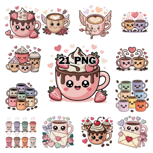 Kawaii Valentine Coffee Mug Sublimation Clipart Bundle cover image.