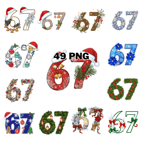 Number 67 with festive holiday adornments perfect for season greetings sublimation clipart bundle cover image.