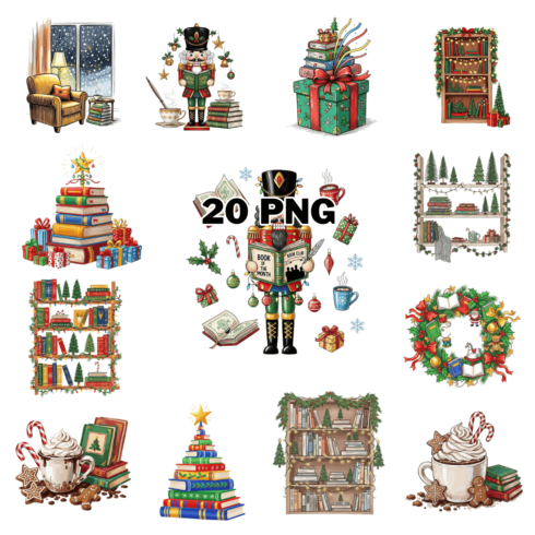 Watercolor Festive Reading Stacks and Wreaths Sublimation Clipart Bundle cover image.
