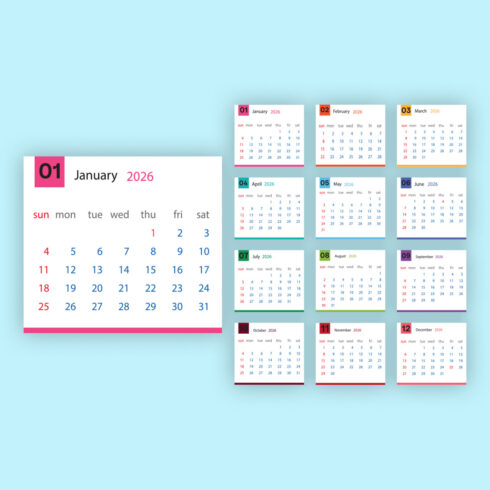 Year 2026 monthly calendar template week starts on sunday stationery organizer for business reminder vector layout cover image.