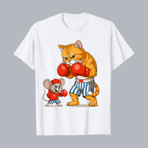 Funny Cat Boxing With Mouse Cartoon PNG PSD Love T shirt Design cover image.