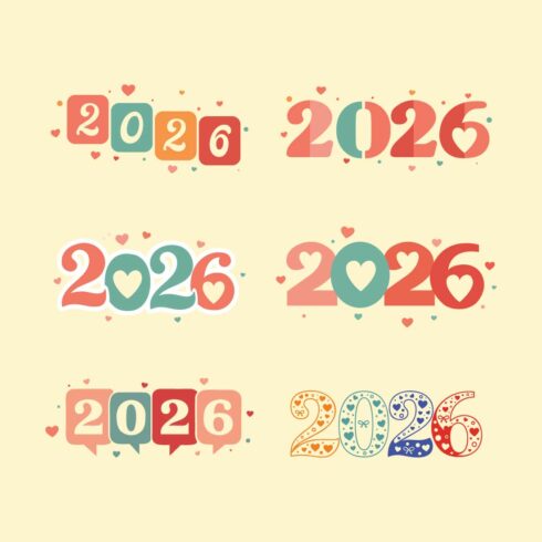 2026 Cute Valentine Typography Set With Hearts Colorful Retro Numbers Love Illustration cover image.