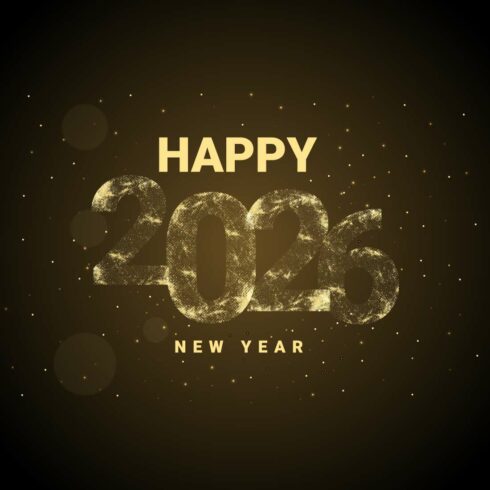 Golden glittery Happy New Year 2026 celebration banner design with sparkling effect on dark backgroud cover image.